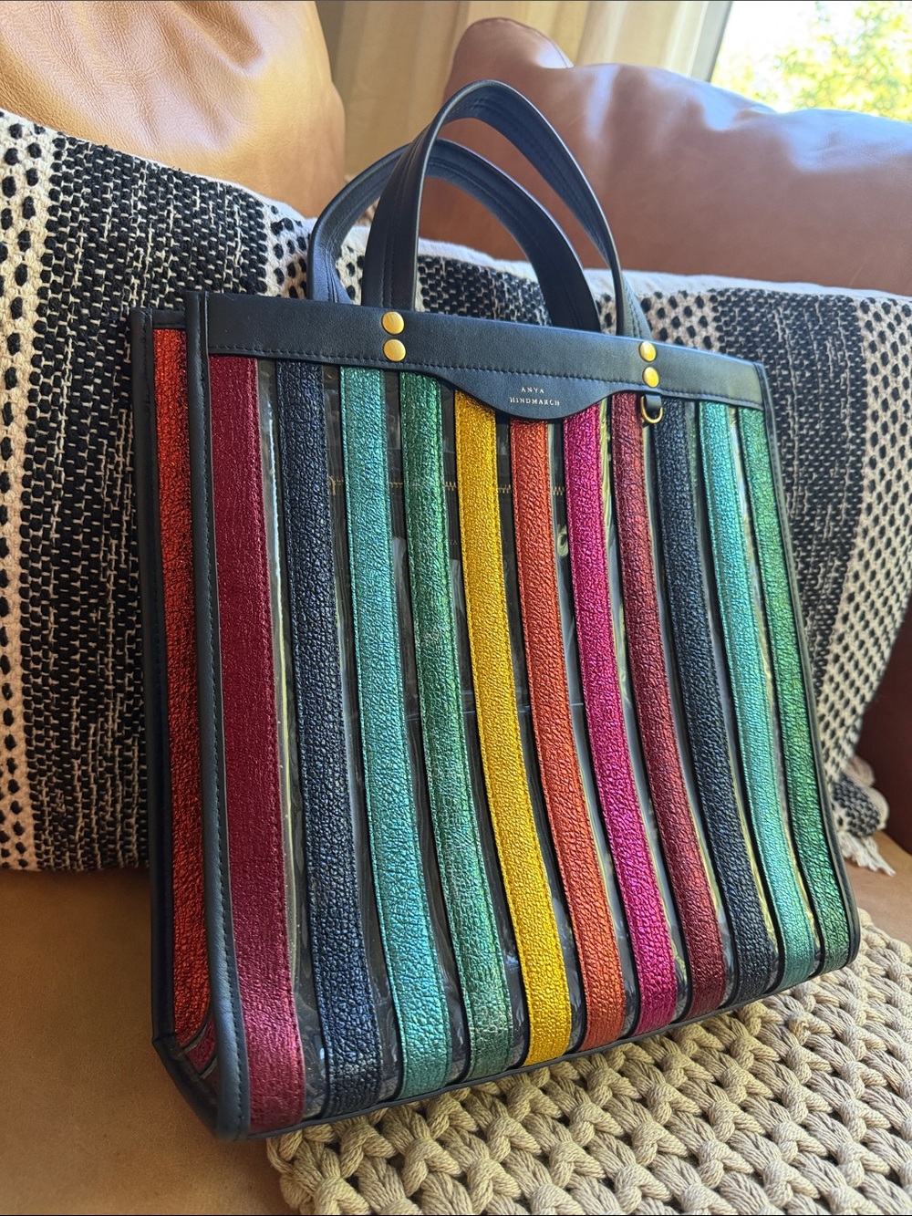 Anya Hindmarch Rainbow Metallic Stripe PVC Tote Bag - Picture 2 of 7